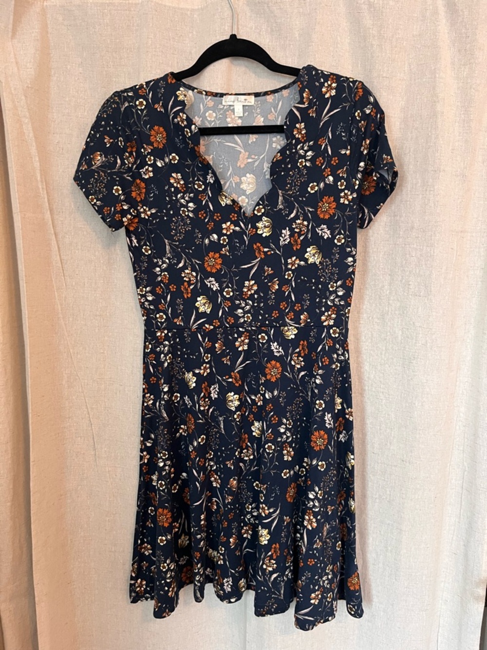 nine britton Navy Floral V-Neck Mini Dress with Rust and Cream Accents